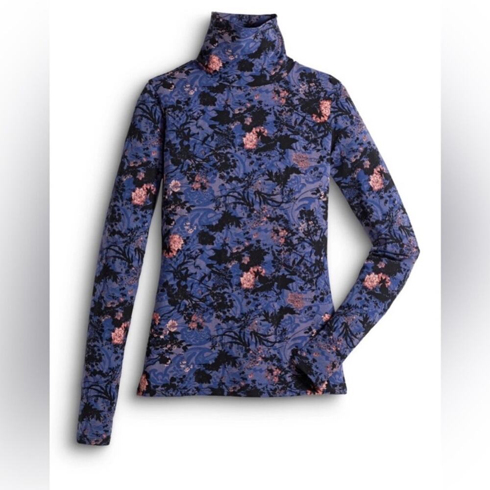 Peruvian Connection Violet Shadow Blossom Turtleneck Long Sleeve Blouse.